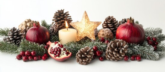 Poster - Festive Christmas arrangement with pine cones pomegranates glowing star and candle creating a natural holiday display on a white background
