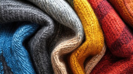 Poster - Vibrant textured wool fabric in an array of colors showcasing intricate knitting patterns for cozy textile design backgrounds.