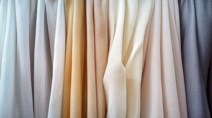 Poster - Variety of elegant fabric curtains displayed in a market showcasing different textures and colors for interior design inspiration