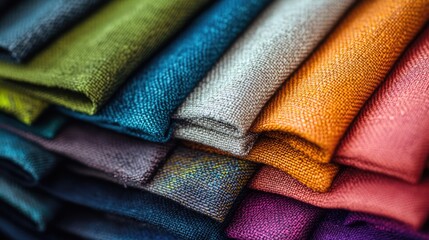 Poster - Vibrant textile fabric texture showcasing a variety of colors arranged in a neat stack in a studio setting for creative design backgrounds.