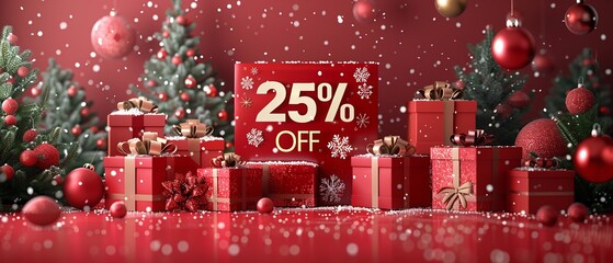 Fototapete - Festive shopping is occurring in this 3D winter scene consisting of snowflakes and presents over red setting with the words 25% OFF written in solid golden signs and space, Generative AI.