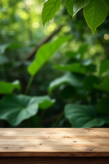 Poster - A real wood tabletop is set against a garden background featuring textures of leaves from various trees for creative product displays._00004_
