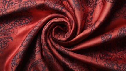 Poster - Elegant red satin fabric texture with intricate black patterns suitable for backgrounds and textile design projects.