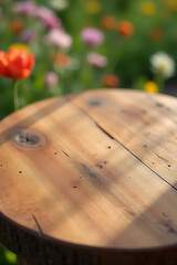 Aufkleber - A real wood table top features a textured design blended with subtle blur elements from a serene garden scene in floral colors._00003_