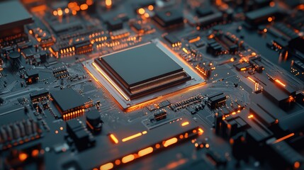 Poster - Close-up view of a modern CPU socket and processor on a motherboard with glowing circuitry details in a dark-toned setting