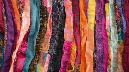 Poster - Vibrant Textured Fabric Strips in Rich Colors Showcasing Pile and Pattern Diversity Perfect for Creative Design Projects