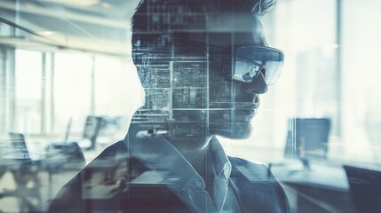 Poster - Double exposure of businessman in VR glasses with office interior and digital elements showcasing augmented reality technology and innovation