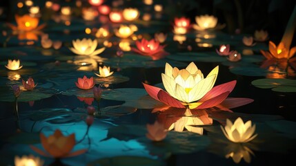 Poster - serene pond with illuminated lotus flowers reflecting in calm water at night creating a tranquil and