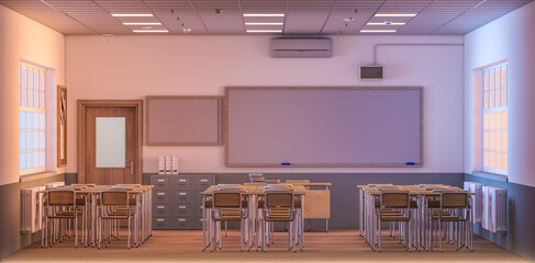 Wall Mural - Empty classroom with wooden desks