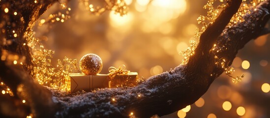 Poster - Golden bokeh backdrop with shimmering decorations and gifts under a tree limb creating a warm festive atmosphere for celebrations