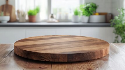 Poster - Round wooden tabletop on a clean kitchen counter ideal for product display in a bright and fresh interior setting