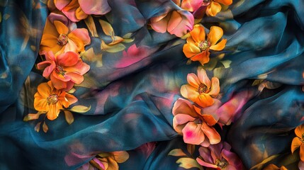Poster - Floral pattern fabric with orange and pink flowers on a blue silk background ideal for fashion and textile design concepts