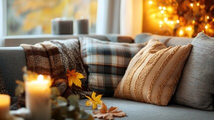 Poster - Cozy autumn living room with decorative pillows plaid and candles creating a warm inviting atmosphere for the fall season