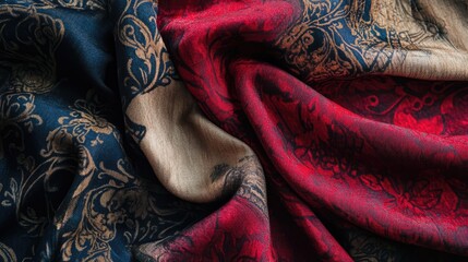Poster - Colorful textured fabric background with intricate patterns in red and blue hues showcasing luxurious textiles from a top view perspective
