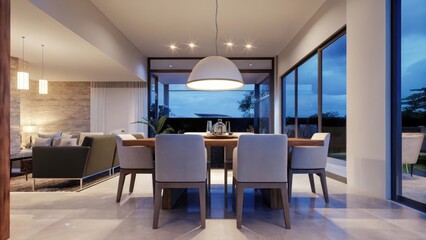 Poster - A spacious dining area showcasing a solid wood dining table with slender legs complemented by sleek upholstered chairs and an elegant pendant light hanging above enhancing the