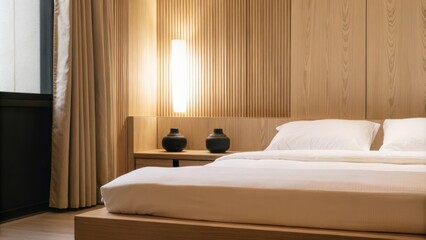 Poster - A tranquil bedroom adorned with a platform bed dressed in crisp white linens Scandinavianstyle nightstands and delicate ceramic vases bathed in soft natural light filtering through