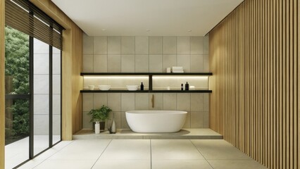 Poster - A tranquil bathroom with smooth stone tiles and a freestanding tub. Warm wood accents and simple geometric shelving house elegant ries and greenery creating a spalike ambiance