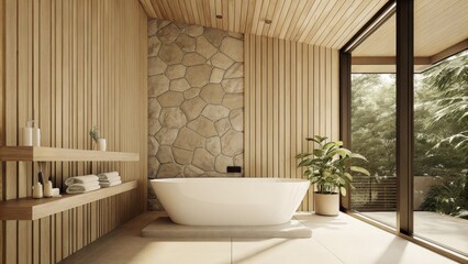 Aufkleber - A peaceful bathroom with a freestanding soaking tub positioned under a large window surrounded by natural stones simple wooden shelving with neatly rolled towels and a few potted