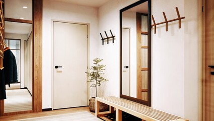 Poster - An entryway that emphasizes simplicity featuring a cleanlined bench made of light wood a minimalist coat rack and decorative elements like a single plant and an understated wall