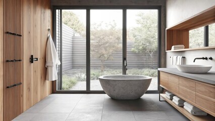 Aufkleber - A stylish bathroom featuring a freestanding tub made from natural stone paired with a large window that opens to a private garden. Wooden elements including floating shelves and a