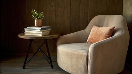 Poster - A cozy reading nook nestled in a corner with a plush irregularly shaped armchair upholstered in soft faded fabric. A small round table made from reclaimed wood holds a potted plant