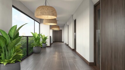 Poster - A modern hallway with smooth wooden flooring and white walls accented by hanging pendant lights made from natural fibers. Potted plants line the corridor creating a fresh and