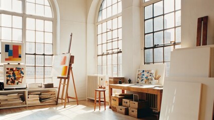 Poster - A creative studio space with an expansive easel and large windows offering plenty of light. The room is filled with unfinished canvases vibrant paints and a work desk made from
