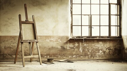 Poster - An artists studio with uneven plastered walls exposing patches of natural material. An old wooden easel stands in front of a large window while paintsplattered floors and hanging
