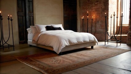 Aufkleber - A tranquil bedroom featuring a lowprofile bed dressed in soft cled linens. Exposed brick walls and a collection of handforged iron candle holders enhance the warm inviting