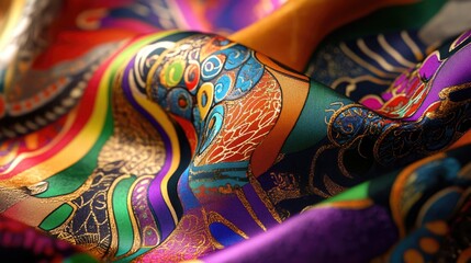 Poster - Vibrant silk fabric with intricate colorful patterns and luxurious texture suitable for fashion and design backgrounds