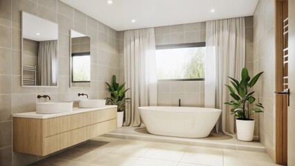 Poster - A serene bathroom features a freestanding tub in a bright airy setting. Largeformat tiles in muted tones create a soothing atmosphere while a double vanity with sleek fixtures