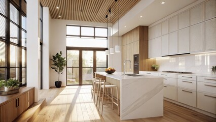Poster - An airy kitchen consisting of clean white cabinetry with minimalist hardware. A large island with a waterfall countertop features only a bowl of fresh fruit. Natural light spills
