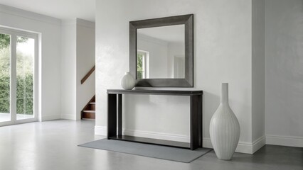 Poster - An entryway presents a sleek console table with a monochromatic vase and a large mirror framed in gray. The floor is polished concrete and a soft gray runner extends invitingly