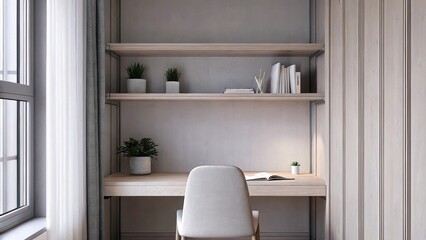 Poster - A serene home office with a sleek unobtrusive desk made of light wood and a simple ergonomic chair. Minimal shelving displays only a few potted succulents and a single notebook