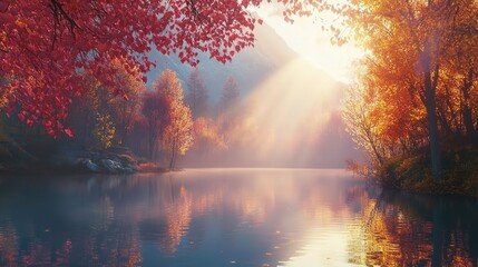 Poster - autumn landscape with vibrant foliage reflecting on a serene lake illuminated by warm sunlight and g