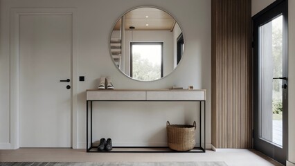 Poster - An elegant entryway featuring a sleek console table with minimal decor. A large round mirror reflects the light from a bright window and a woven basket sits beside the door for
