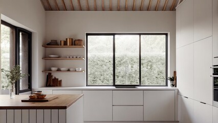 Poster - A minimalist kitchen showcases matte white cabinetry with open shelving displaying curated dishware. A large window allows for bright airy ventilation while a wooden island serves