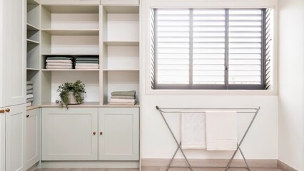 Poster - A stylish laundry room is designed with open shelves displaying neatly folded linens in soft tones. A minimalist drying rack stands by a window surrounded by potted herbs. The