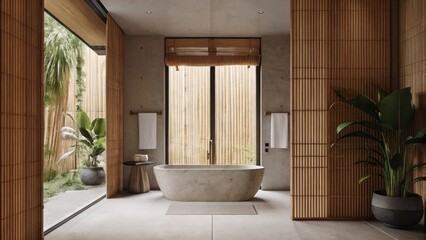 Aufkleber - A spalike bathroom featuring a freestanding soaking tub made of natural stone. Bamboo accents and a minimalist sink create a calming atmosphere while large plants in the corners