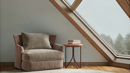 Aufkleber - A lofted reading nook with a plush oversized armchair in muted tones facing a large unobstructed window. A small round side table holds a single book and the walls are free of