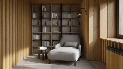 Aufkleber - A cozy reading nook features a lowslung oversized chair accentuated by a small side table. The walls are lined with builtin bookshelves showcasing an organized collection of books