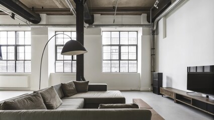 Poster - A multifunctional loft space with high ceilings featuring a large low sectional sofa facing a simple media console. An oversized floor lamp with an abstract design illuminates the