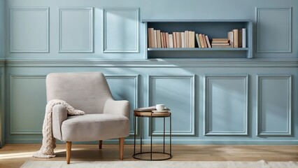 Aufkleber - A cozy reading nook featuring a light blue accent wall a plush armchair in soft gray upholstery and a minimalist bookshelf displaying a curated selection of pastelhued books. A