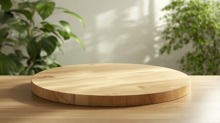 Poster - Round wooden tabletop counter in bright kitchen setting ideal for product display and montages featuring nature-inspired decor elements