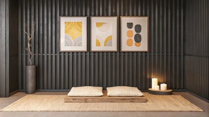 Aufkleber - A meditation nook with a soft woven floor mat a low cushionlike seat and calming decor that includes a minimalist wall art piece and a few candles for ambiance.