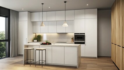 Poster - A streamlined kitchen with white cabinetry and a minimalistic island accented by a single modern pendant light. Stainless steel appliances are subtly integrated with a few potted