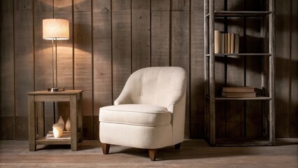 Aufkleber - A cozy reading corner with a lowbacked chair upholstered in soft cream fabric a small side table with a single lamp and a tall narrow bookshelf containing a few carefully arranged