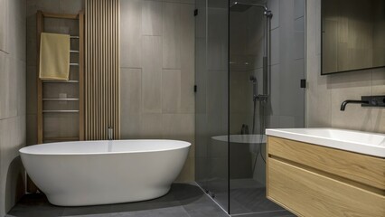 Aufkleber - A tranquil bathroom showcasing a freestanding white tub a large glass shower with minimal hardware and a single elegant wooden vanity adorned with natural stone enhancing the clean