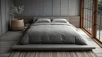 Poster - A serene bedroom featuring a platform bed with a simple linen duvet flanked by minimalistic nightstands. An oversized woven basket rests in the corner and delicate greenery peeks