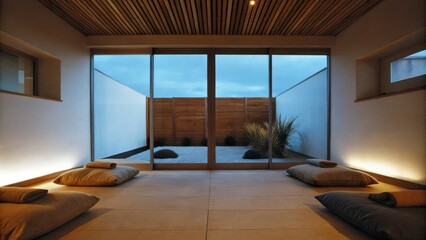 Poster - A tranquil meditation nook with floor cushions in muted earth tones surrounded by white walls and a floortoceiling window that looks out to a dry windswept exterior.